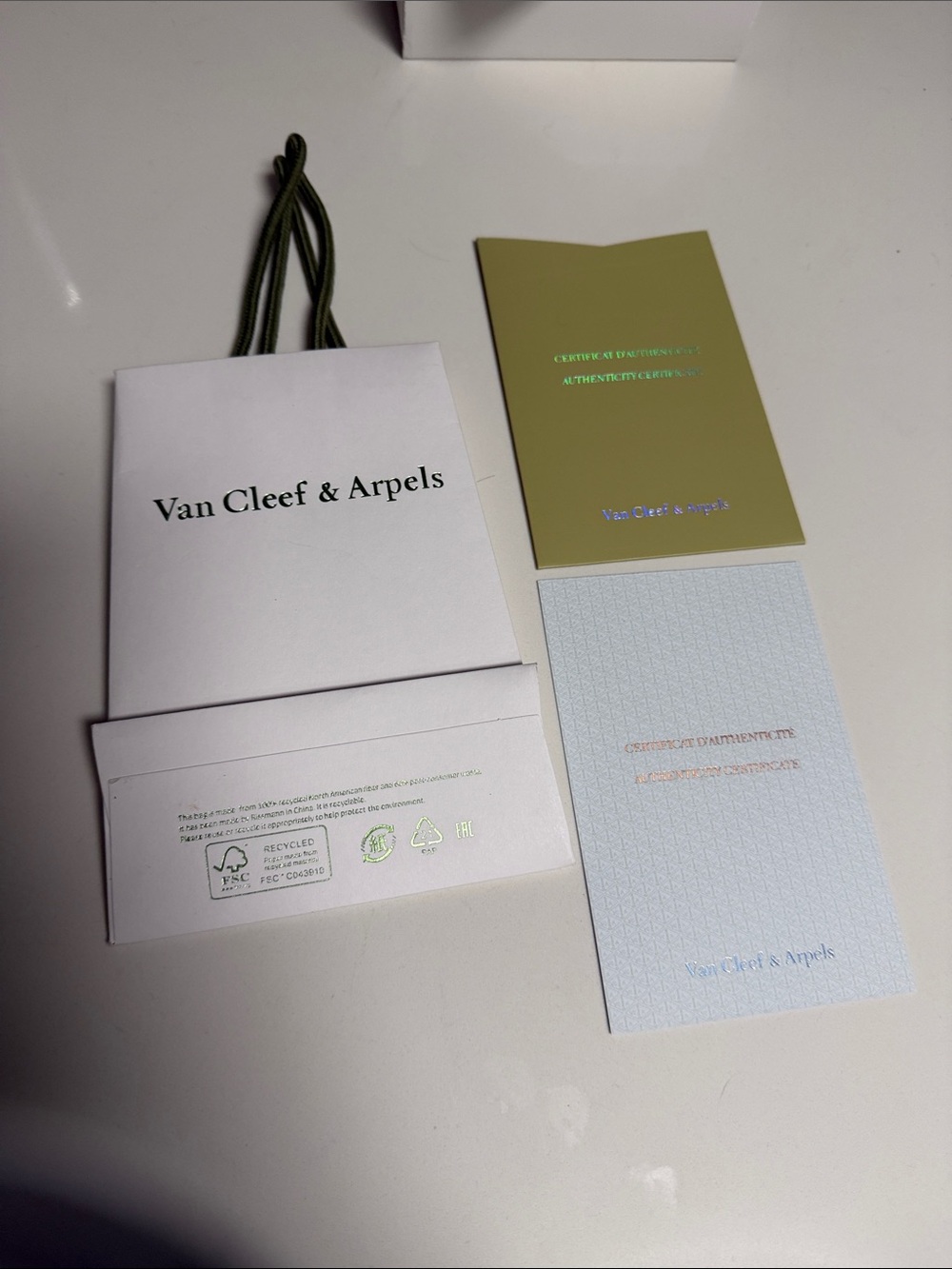 Van Cleef & Arpels White gift  Bag with Olive authentication envelopes plus card